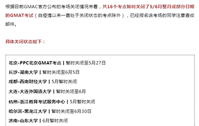 2022年5/6月GMAT考試開放和取消考點匯總