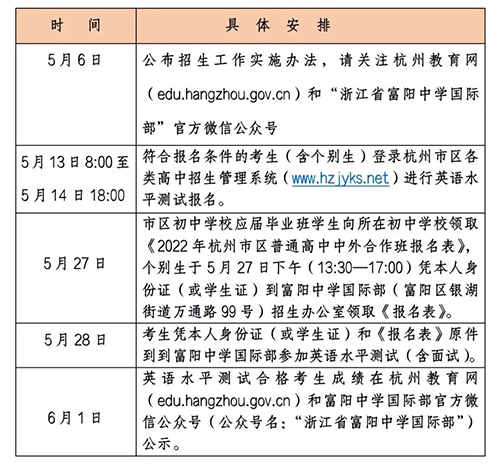 浙江富陽中學國際部2023年招生時間安排