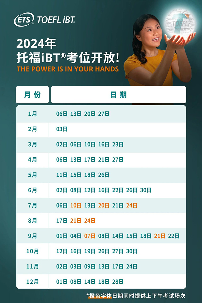 2024年托福考試報名時間表,10月9日考位開放